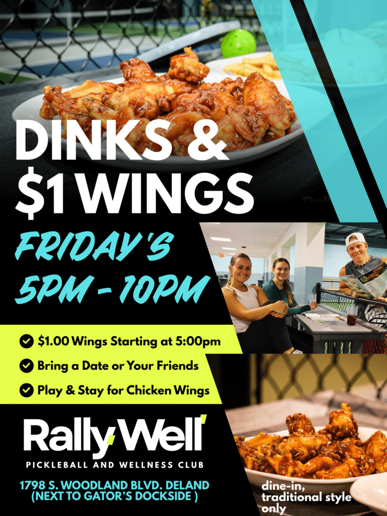 RallyWell Dinks and Wings Friday night event flyer, 5pm-10pm