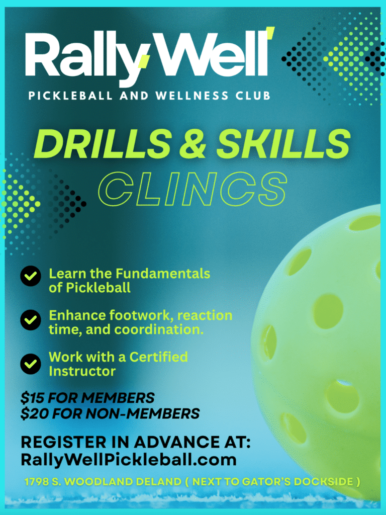RallyWell Drills and Skills Clinics flyer featuring fundamentals training with a certified instructor