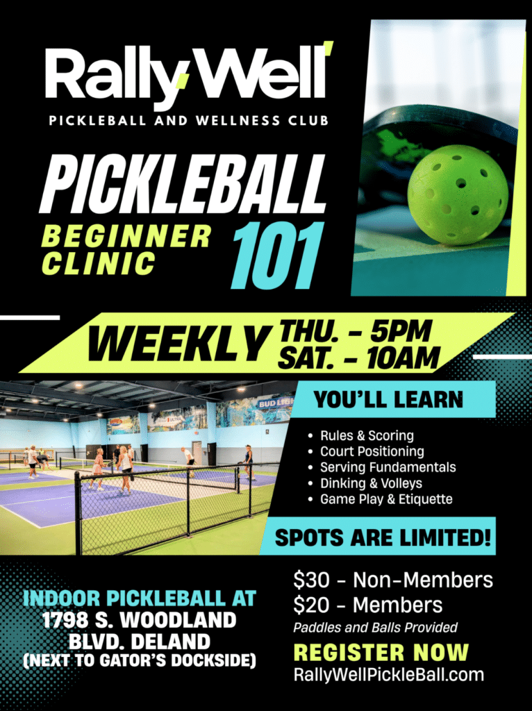 RallyWell Pickleball Beginner Clinic 101 flyer, weekly Thursday and Saturday sessions