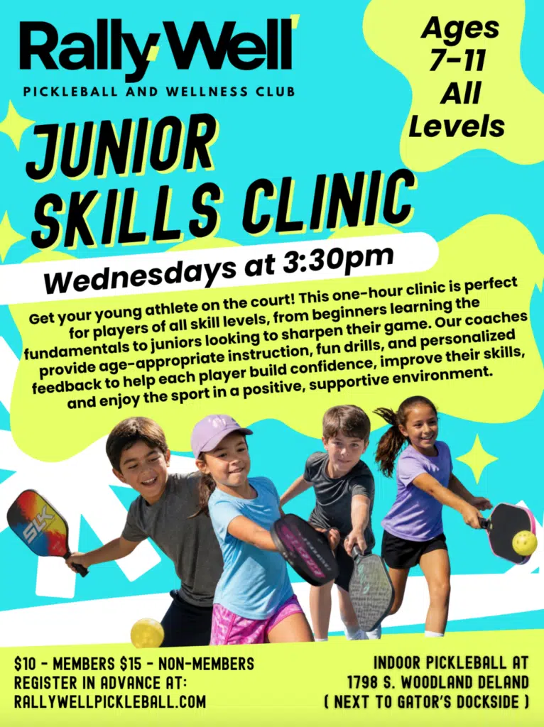 RallyWell Junior Skills Clinic flyer for ages 7-11, Wednesdays at 3:30pm
