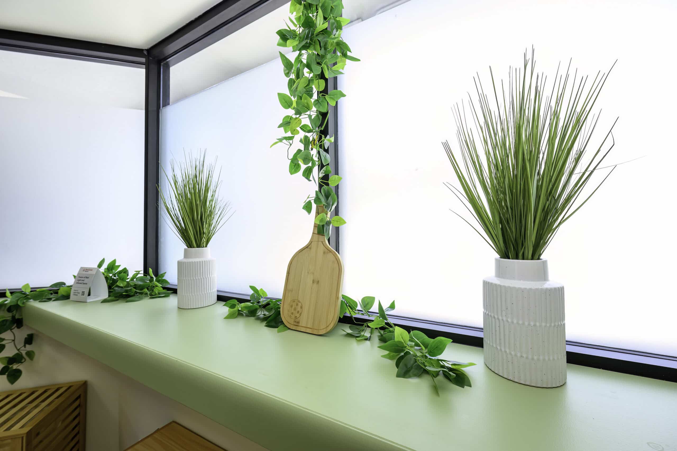 Decorative shelf with potted plants and a wood paddle accent in the RallyWell lobby